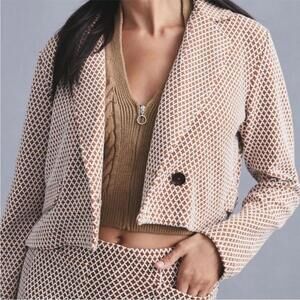 Anthropologie Maeve Knit Blazer Brown Ivory Geo Print Cropped Button Size Large